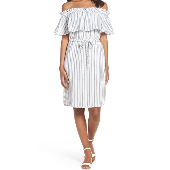 BCBGMAXAZRIA Dress Alexis White Blue Stripe Off The Shoulder Ruffle - Picture 9 of 9